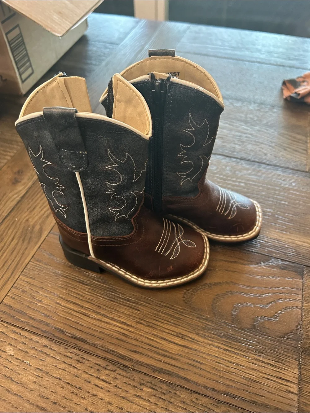 Kids Brown & Navy Western Cowboy Boots - Youth Zip-Up